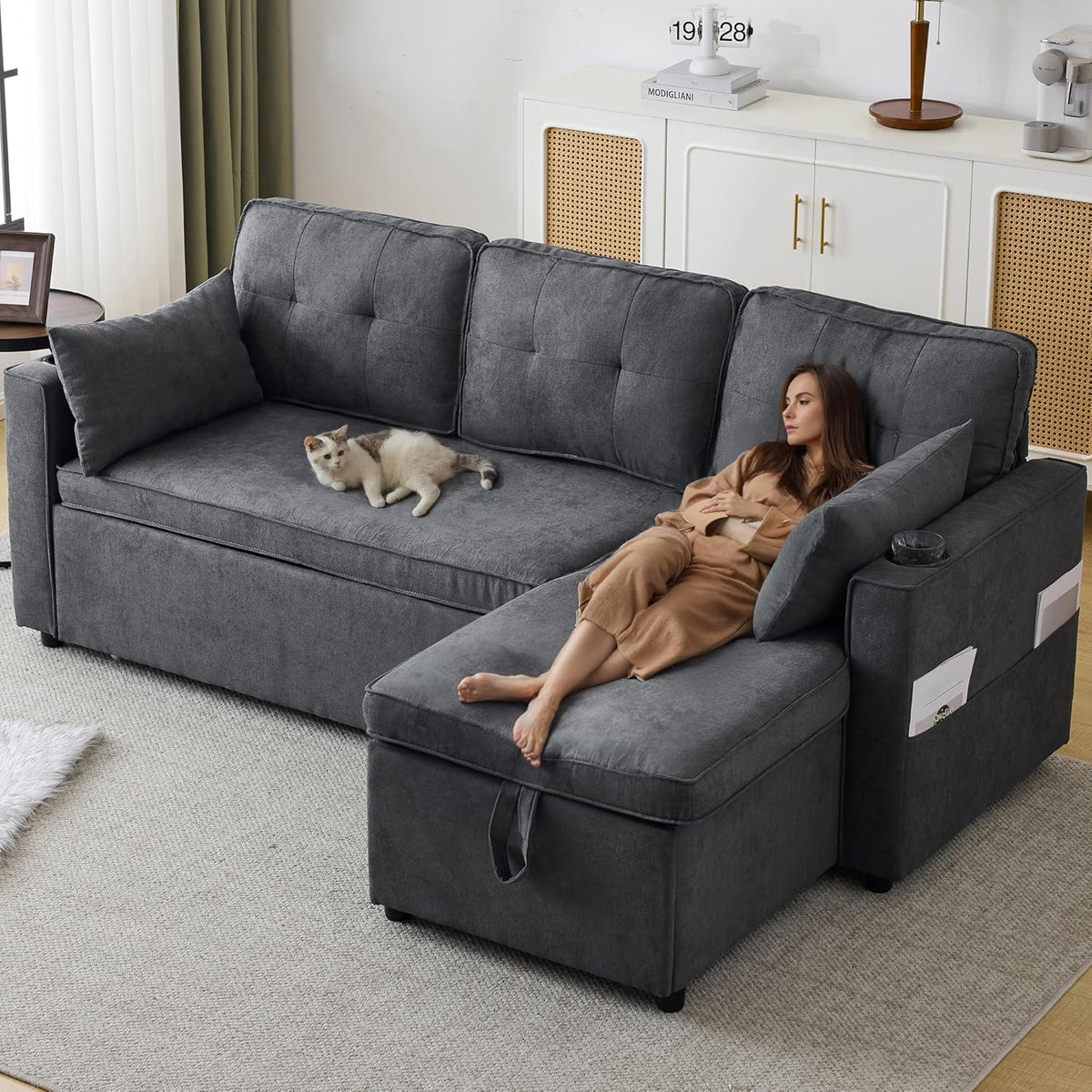 Sofá Cama 3 plazas con Portavasos y Bolsa Pasamanos Lateral. Sofá en Forma de L. Intercambiable a la Derecha y a la Izquierda. Gris
