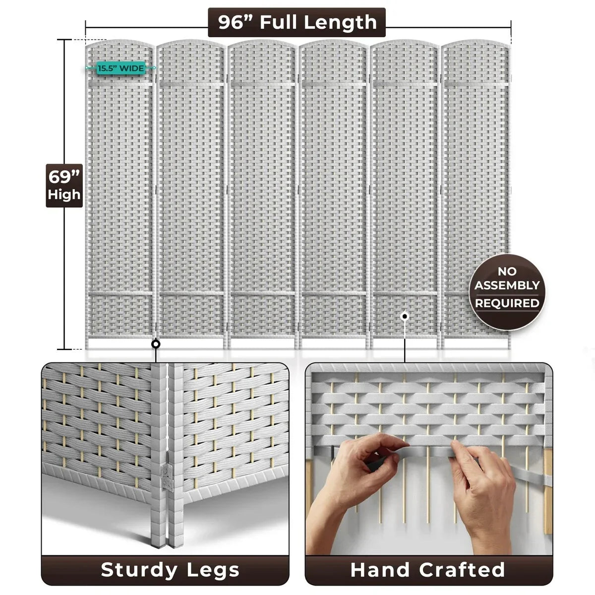 6 Panel Room Divider. 6ft Tall Extra Wide Folding Privacy Screen with Hand-Woven Mesh Panels