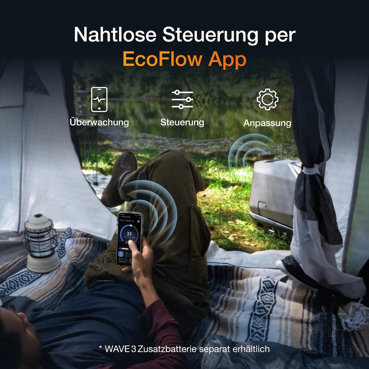 ECOFLOW WAVE 3 Tragbare Klimaanlage. 1800 W/6100 BTU Kühlen. 2000 W/6800 BTU Heizen. 1000 W Schnellladen (75 Min.). 8 Std. Akkulaufzeit. App-Steuerung