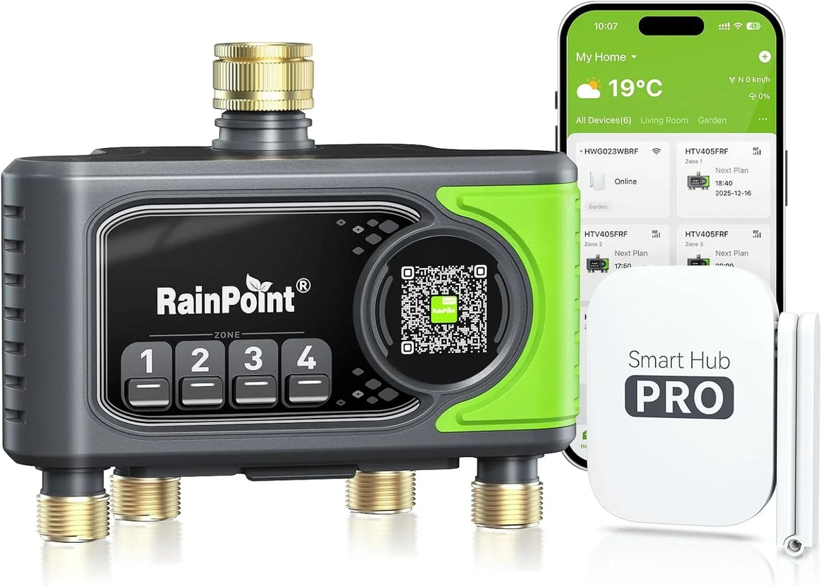 RAINPOINT Bewässerungscomputer WLAN mit 4 Ausgängen. Messing Ein- und Ausgang. Bewässerungsuhr 4 Zonen mit wetter- & bodenbasierter Steuerung. App- &
