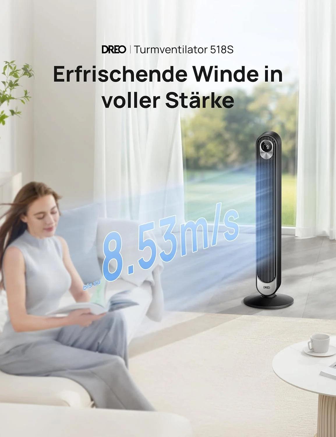 Dreo Smart 20dB DC Motor Turmventilator Leiser. 11M Windentfernung Ventilator mit Fernbedienung.9 Stufen 4 Modi. 90° Oszillierender Standventilator