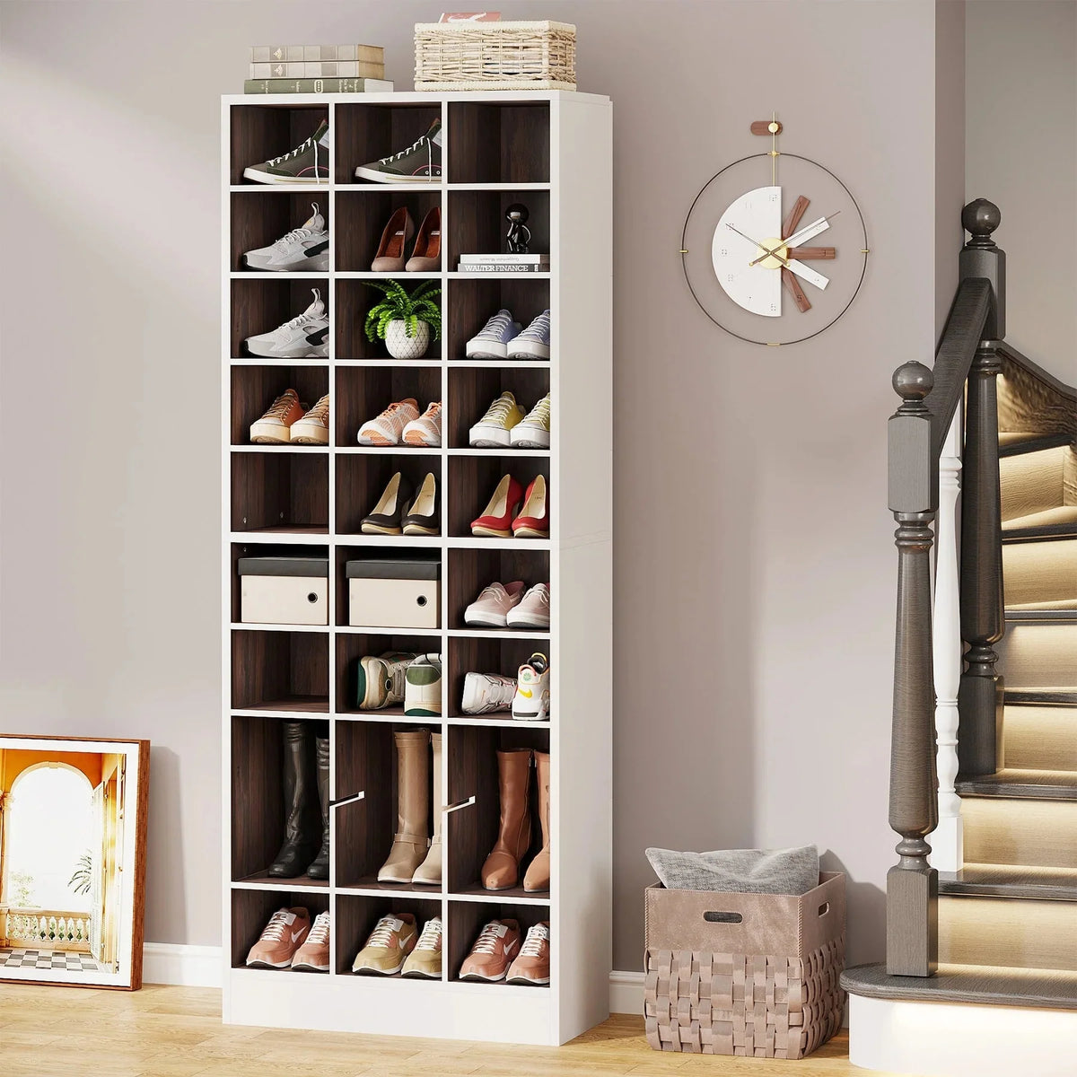 10-Tier Tall Shoe Cabinet. 30-Pair White Wood Shoe Storage Rack for Entryway and Closet