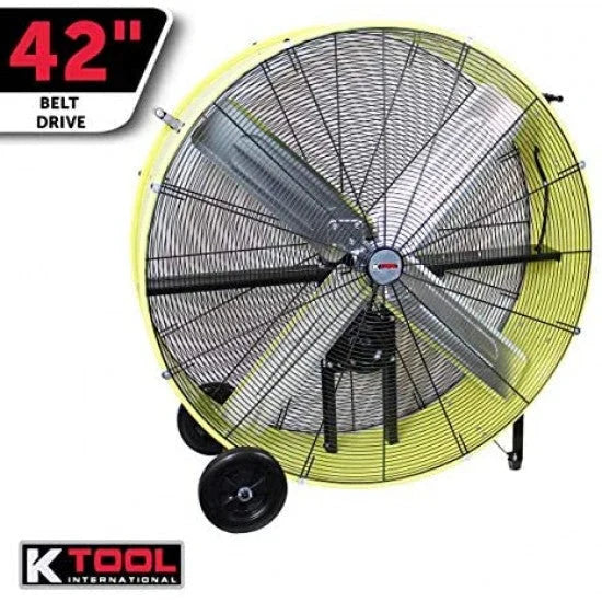 42′′ Belt Drive Drum Fan; Industrial. Garage. Shop. High Speed 2-Speed. Durable. Cut-Off Protection. Easy Mobility Rubber Wheels; SAFETY YELLOW.