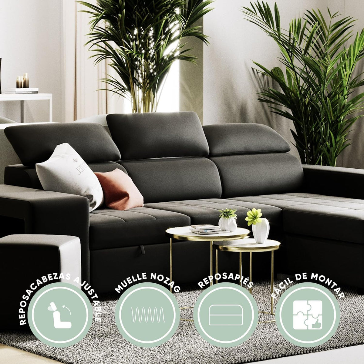 BUDWING John Sofá Cama Esquinero 4 Plazas - Chaise Longue Reversible. Reposacabezas Ajustable y 2 Pufs – Tapizado en Poliuretano – Estilo Moderno –