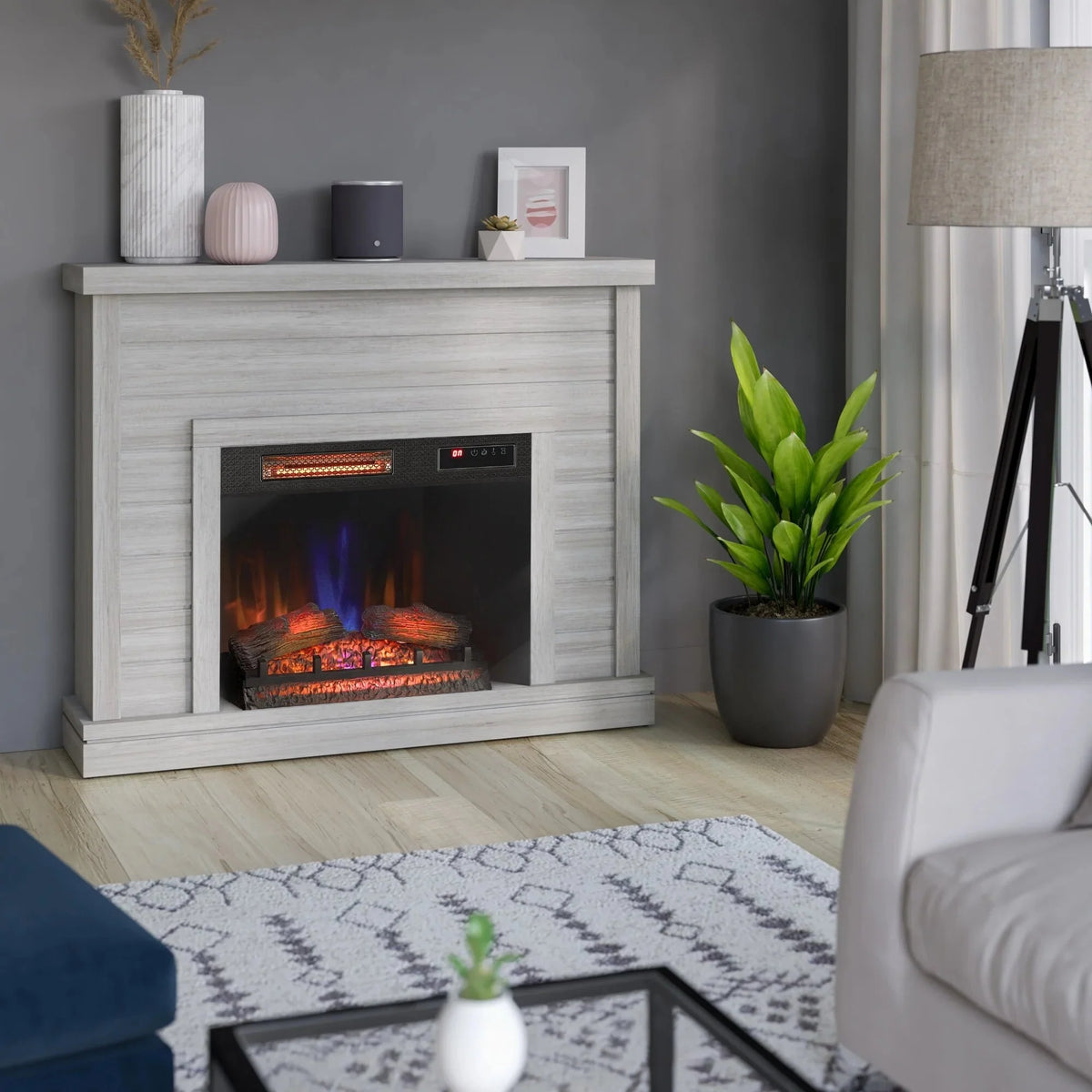 52 Shiplap Wall Fireplace Mantel. Modern Electric Fireplace with 3D Flame Effect Insert for Home Decor