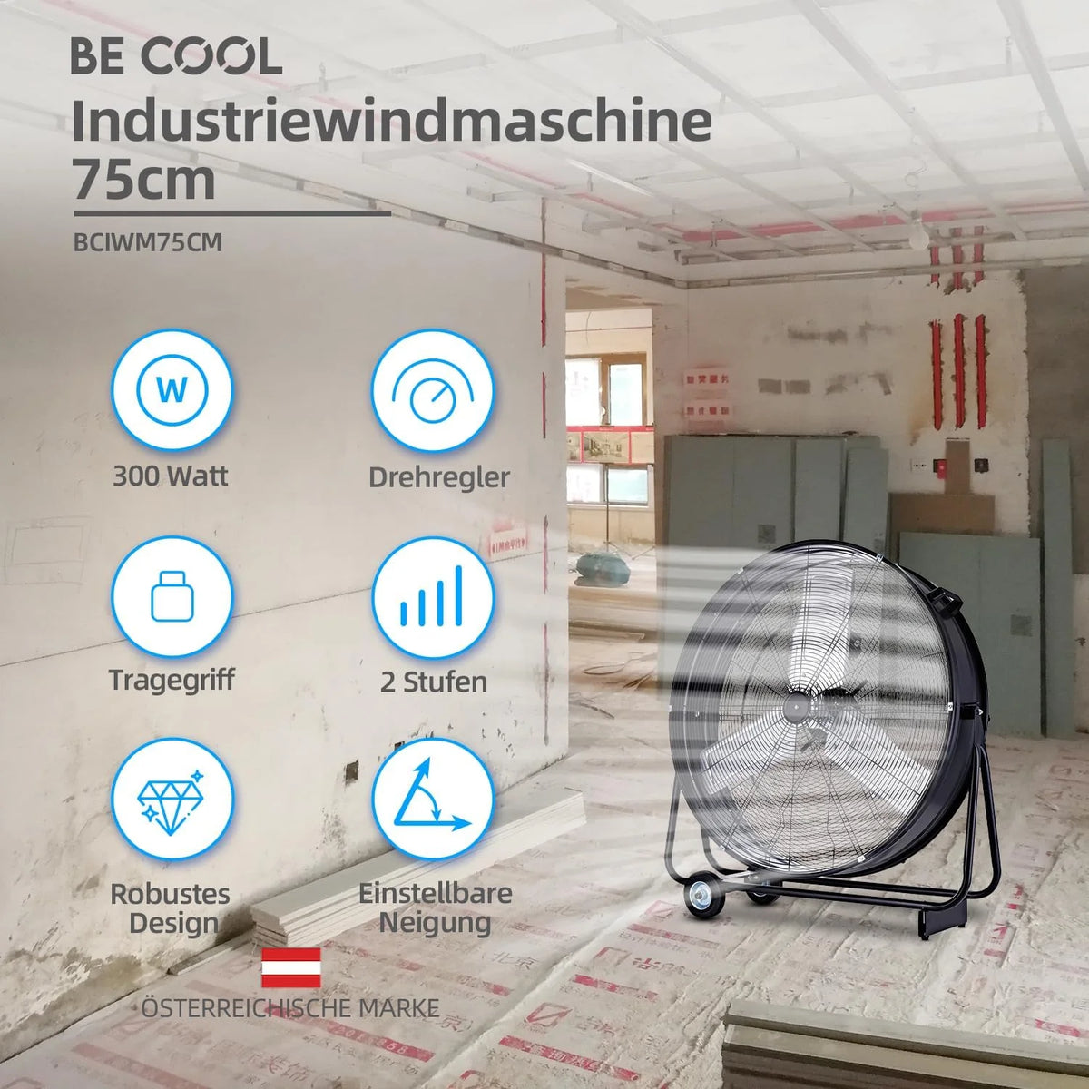 Be Cool Industrie-Windmaschine 75cm BCIWM75CM – Fahrbarer Trommelventilator. Ø 75 cm (30). 300 Watt. Vollkupfermotor. 2 Geschwindigkeiten. Aluminium-