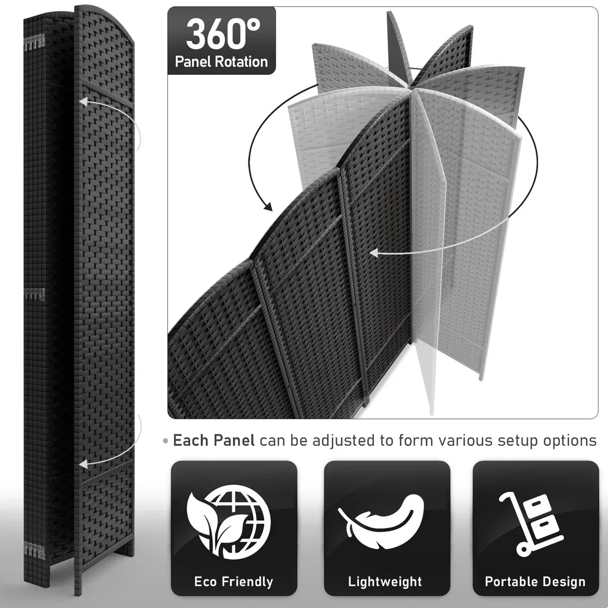 6 Panel Room Divider. 6ft Tall Extra Wide Folding Privacy Screen with Hand-Woven Mesh Panels