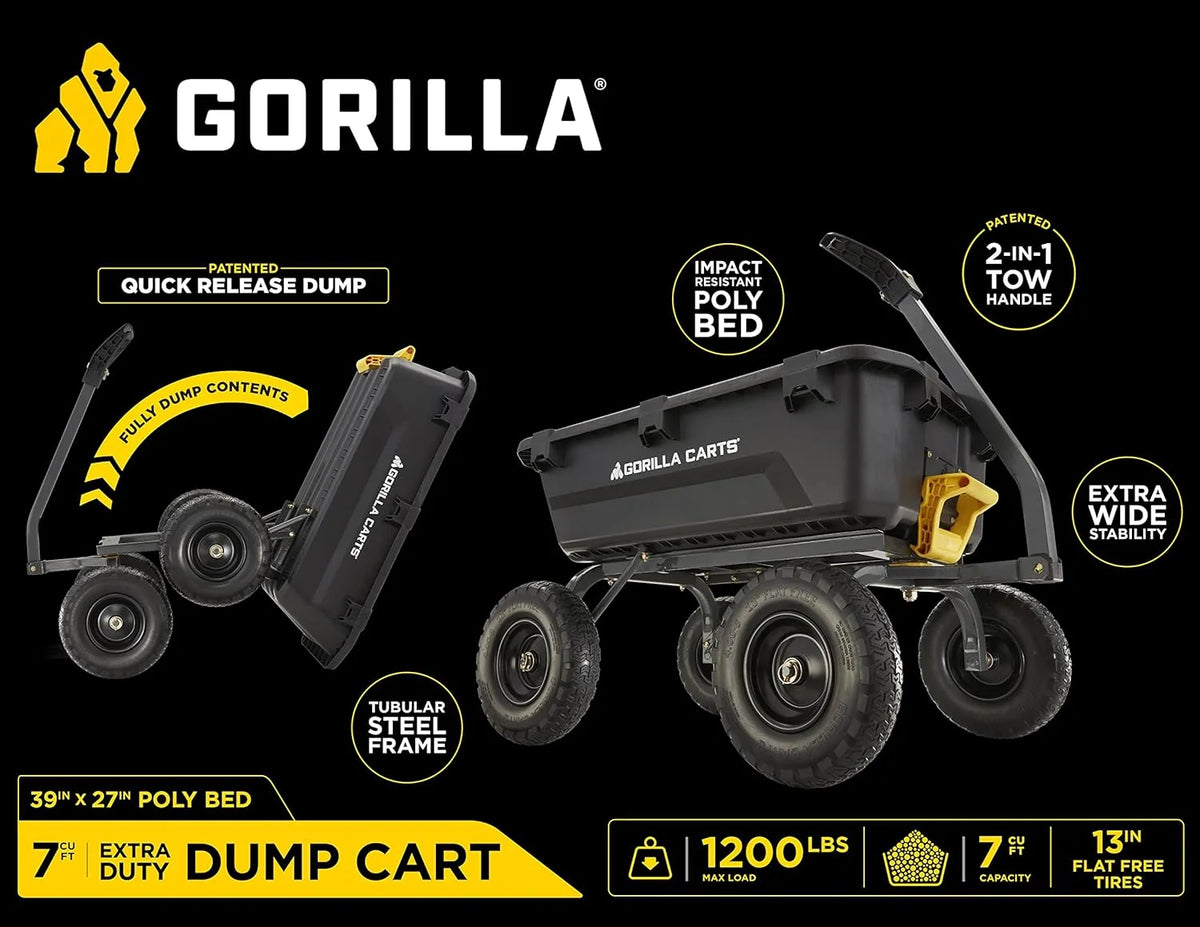 7-Cubic-Foot Poly Dump Garden Cart with No-Flat Tires. 1.200-Lb. Capacity. Black