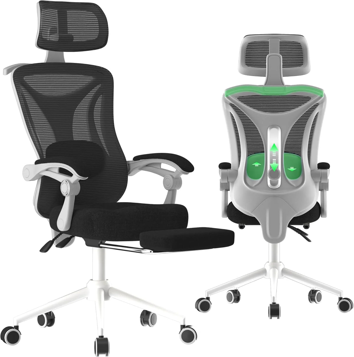 Ergonomic Office Chair - Adjustable Lumbar & Headrest. 90-160° Reclining with Footrest. Breathable Mesh Back - Home Office/Gaming Computer Chair (Black. 300lbs Capacity)