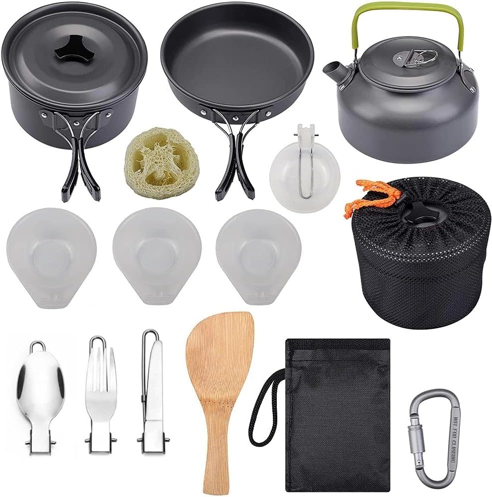 Camping cooking set - picnic cooking pot set - outdoor hiking and barbecue tableware set - camping travel supplies set including frying pan. water jug and stove