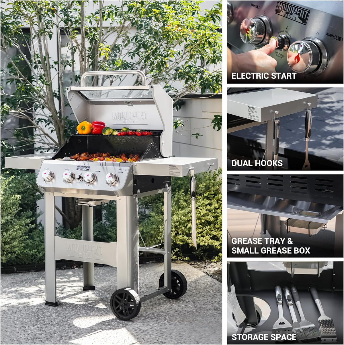 Grills 4-Burner Liquid Propane Gas Grill. Silver Stainless Steel Grill Outdoor Patio Garden Barbecue Grill with Clearview® Lid and One Foldable Shelf. Mesa400MF