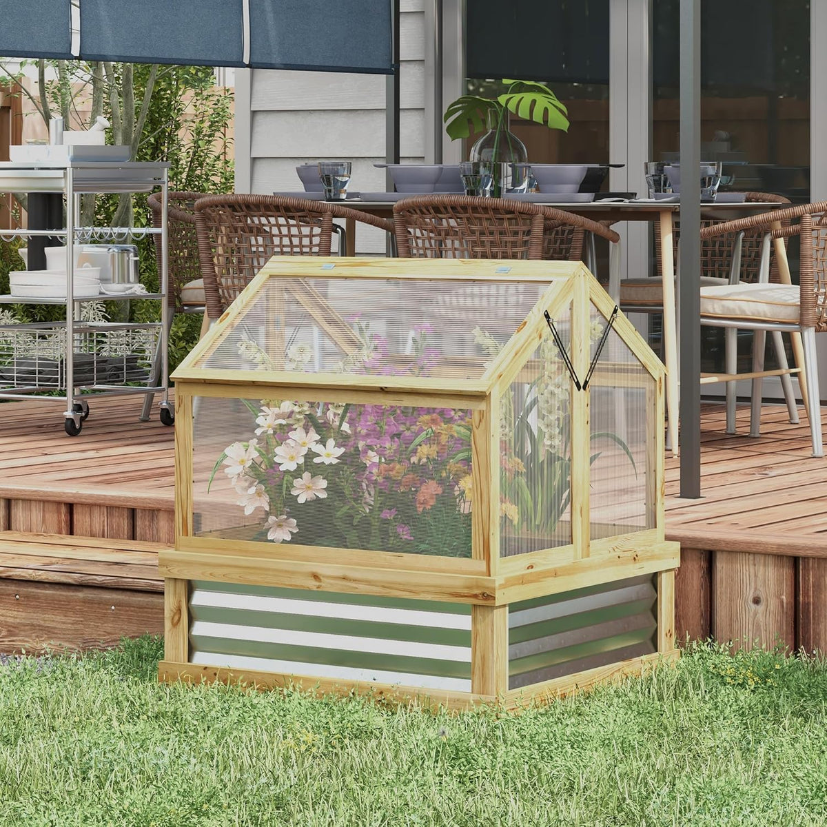 Raised Garden Bed with Polycarbonate Greenhouse. Wooden Cold Frame Greenhouse. Garden Flower Planter Protection. Peak Roof. 35.5 x 31.5 x 36. Natural