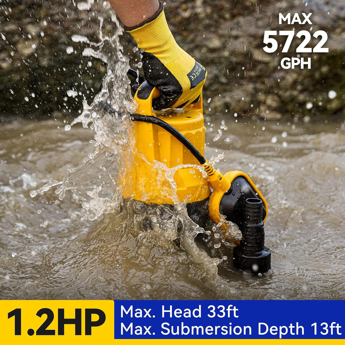 3/4HP Submersible Sewage Effluent Pump. Cast Iron. 115V 6400 GPH Automatic Tethered Float Switch. Sump Pump for Sump Basin. Basement. Residential Sewage. 2'' NPT Discharge