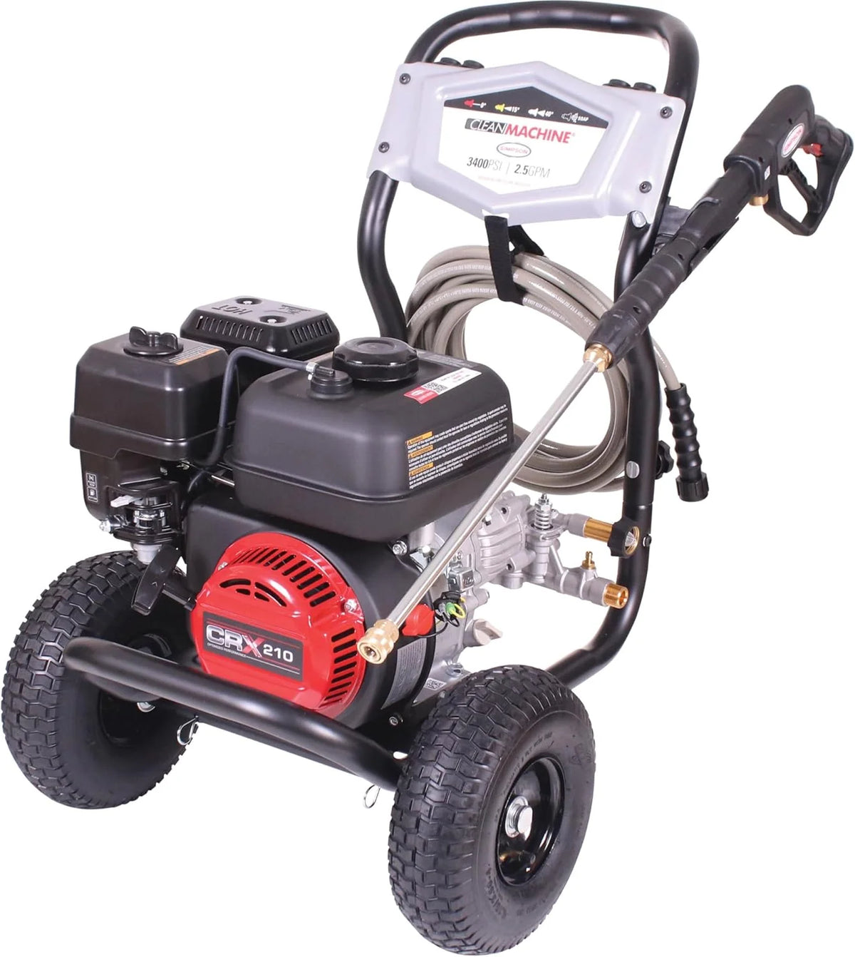 Cleaning CM61083 Clean Machine 3400 PSI Gas Pressure Washer. 2.5 GPM. CRX Engine. Includes Spray Gun and Wand. 4 QC Nozzle Tips. 5/16-in. x 25-ft. MorFlex Hose.