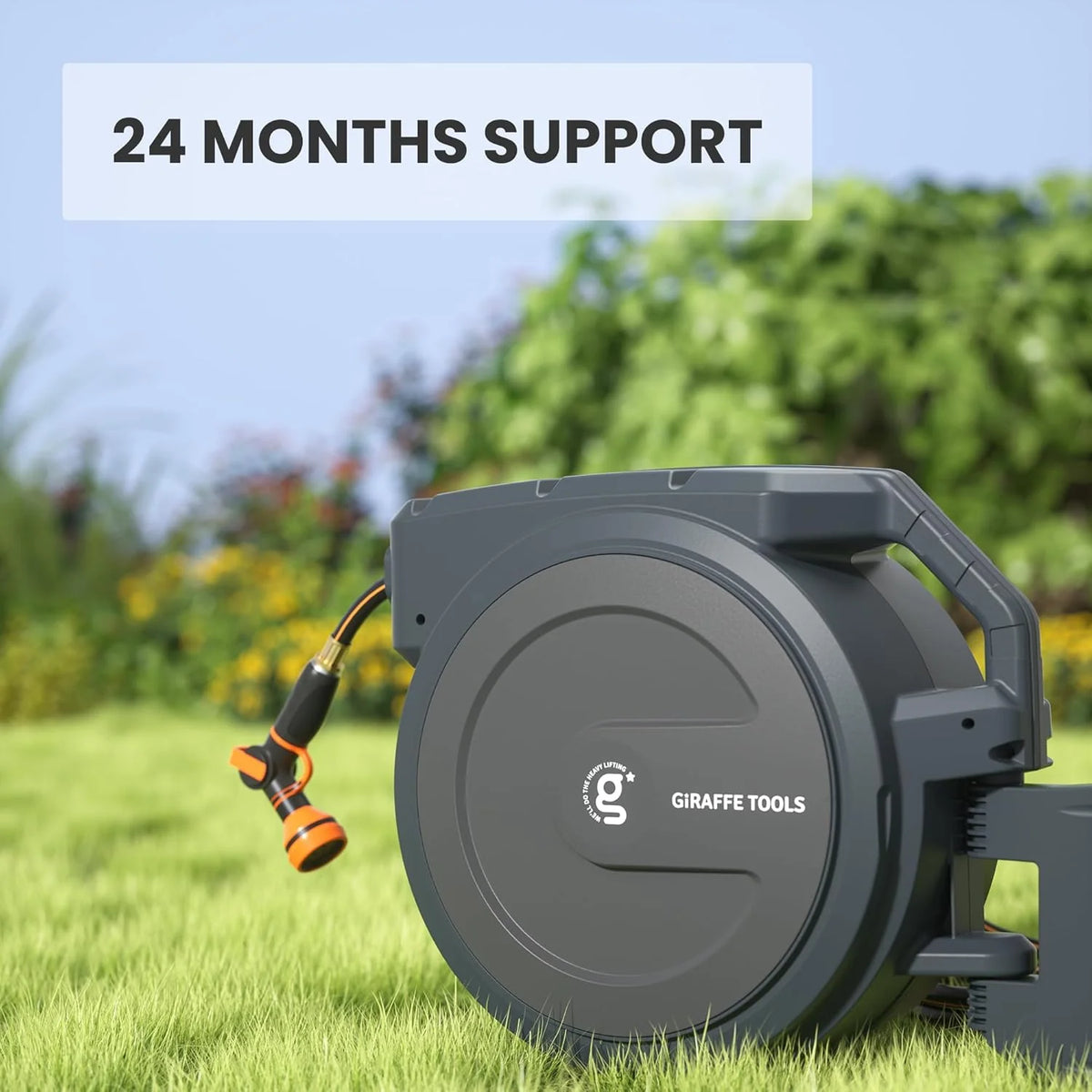 Tool-extendable garden hose reel. inner diameter 1/2 inch. length 155 inches. equipped with 5-foot extension hose. sturdy and durable. lockable at any length. slow retraction system. wall-mounted design. 180-degree rotating bracket