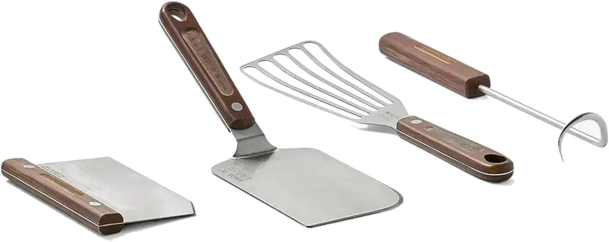 4-piece frying pan set - includes frying pan spatula. workbench scraper. fish spatula and pigtail flipper - brown linen micro-carbon fiber handle