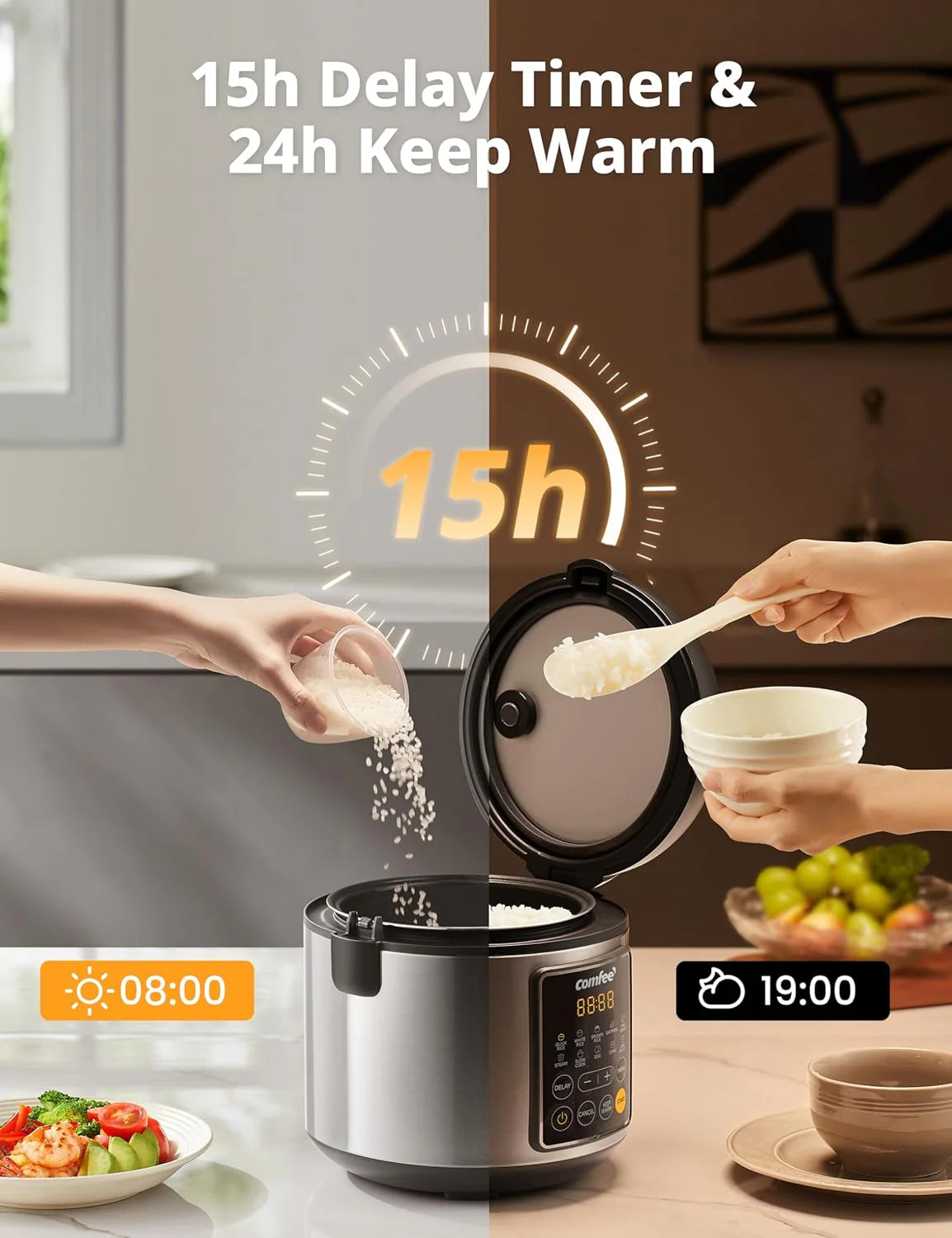 Compact electric rice cooker. 6-in-1 stainless steel multi-functional cooking utensil. slow cooker. steamer. frying pan. heater and warmer. 2-gallon capacity (8 cups cooked. 4 cups uncooked). suitable for brown rice. quinoa and oats. 6 one-button pro