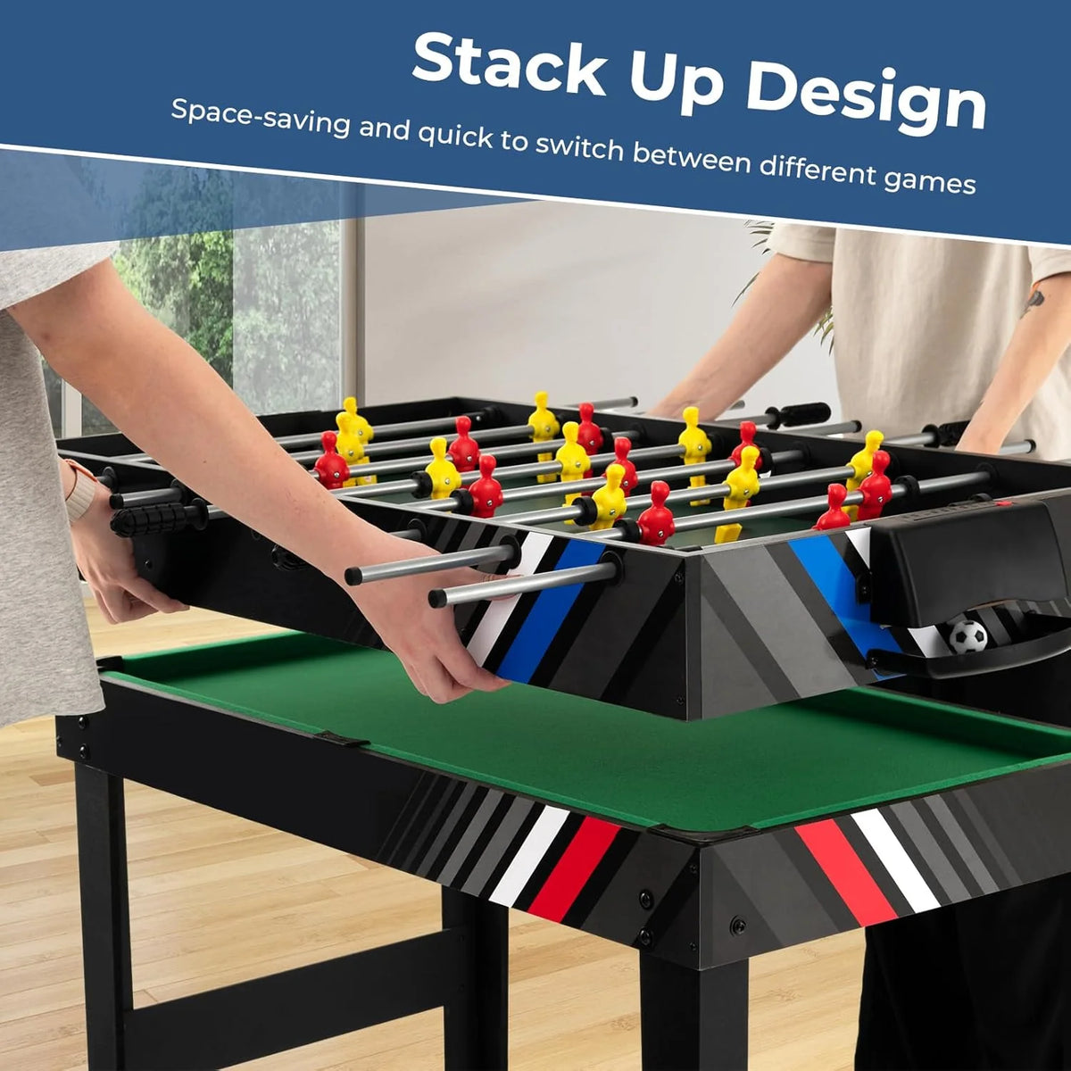 The multi-functional game table integrates a football table. a billiards table. an air curling table and a table tennis table. It is an ideal combination game table for a family game room.