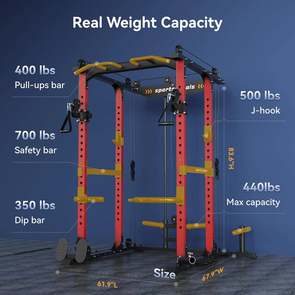 Sportsroyals Power Cage.1600lbs Multi-Function Power Rack with Adjustable Cable Crossover System and More Training Attachment. Weight Cage for Home Gym
