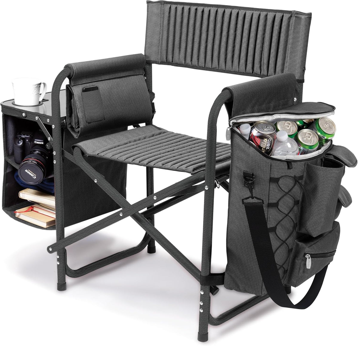 The Picnic Time brand's outdoor folding chairs with a unique design feature a grey base and a black frame. The dimensions are 33 x 7 x 21.