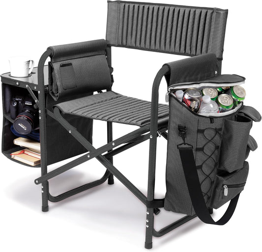 The Picnic Time brand's outdoor folding chairs with a unique design feature a grey base and a black frame. The dimensions are 33 x 7 x 21.