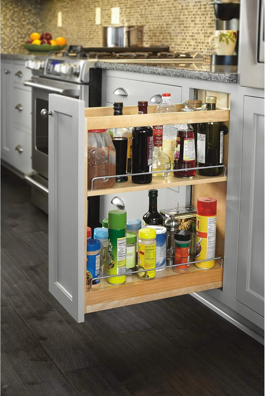 Retractable storage rack. suitable for kitchen/bathroom cabinets. equipped with soft-closing fully telescopic rails and adjustable shelves