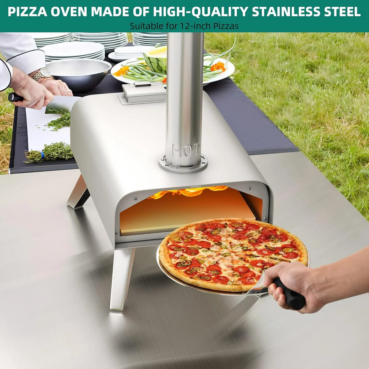 Wood-fired outdoor pizza oven. 12-inch portable pellet pizza oven. equipped with pizza tongs and pizza cutter. stainless steel silver pizza maker suitable for outdoor kitchen cooking