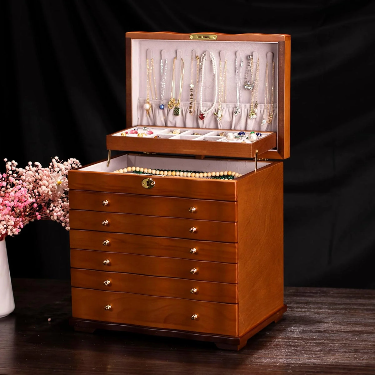 Wooden Jewelry Box.jewelry boxes for women large jewlrey box&organizers with necklace hanger.jewerly organizer.jewelry holder organizer.9-layer large capacity jewelry storage box