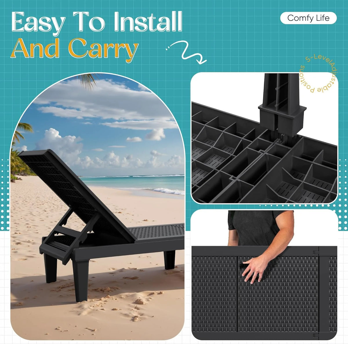 Outdoor Chaise Lounge Chair Set of 2 for Patio Poolside. Waterproof & Adjustable & Easy Assembly Sun Lounger for Outside Deck. Pool. Beach. Black