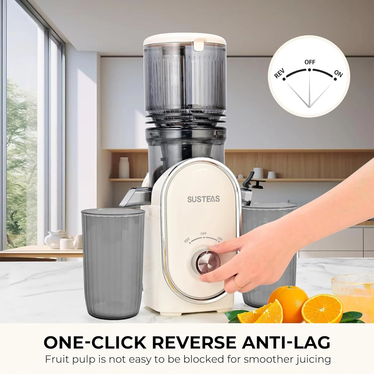 Cold press juicer. 5.3-inch feed opening. slow-speed mixing type machine. power 300 watts. capable of extracting whole fruits and vegetables. easy to clean. high juice output. white appearance