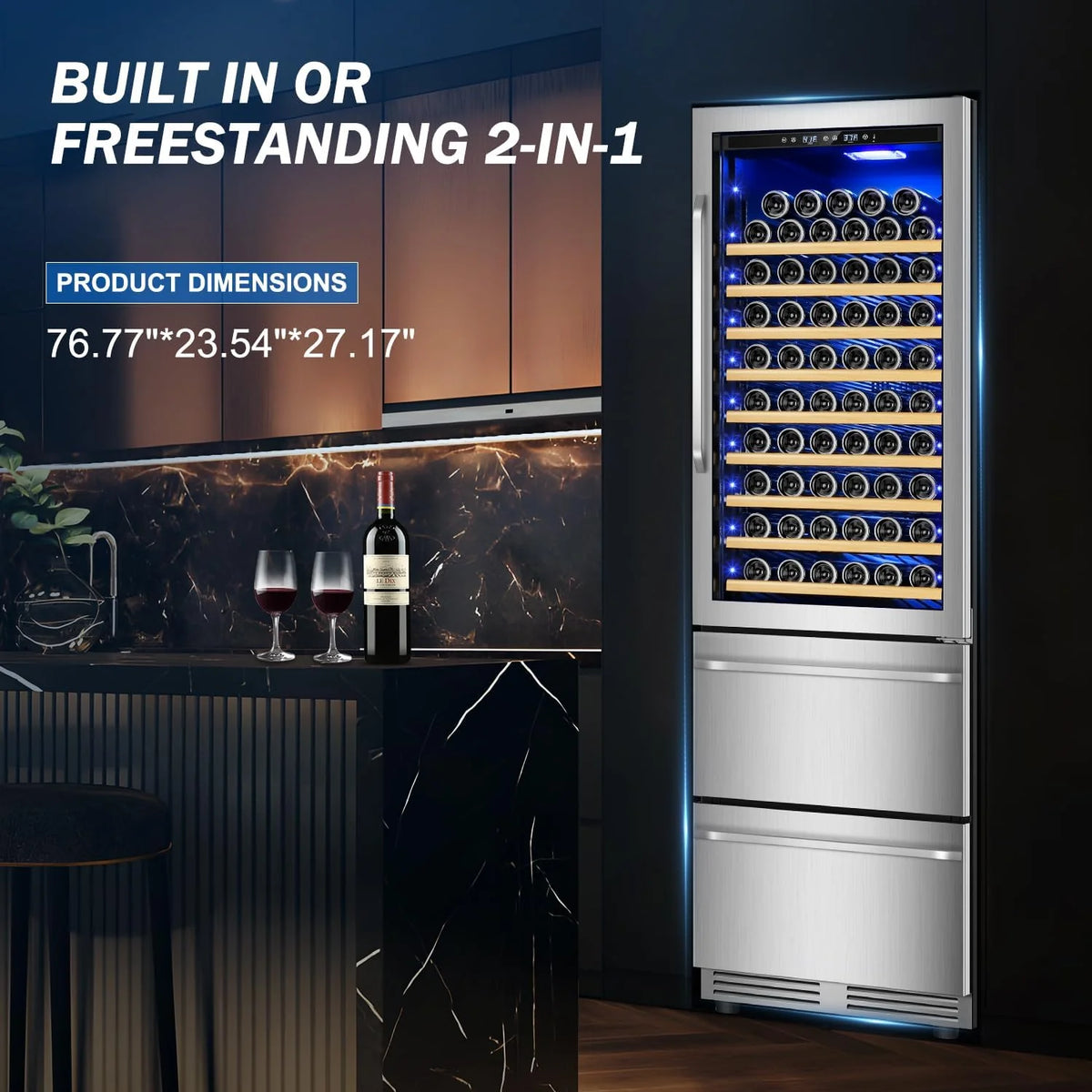 24 Inch Dual Drawer Fridge Under Counter with Wheels. Outdoor Beverage Refrigerator for Patio. Stainless Steel Weather-Proof. Freestanding or Built-In Installation. Ideal for Home and Commercial Use