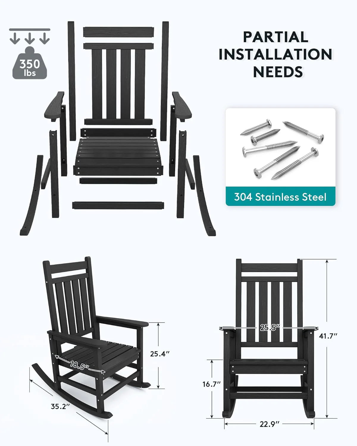 Outdoor Rocking Chair. HDPE Rocking Chair for Adults. All Weather Porch Rockers for Lawn Garden. White