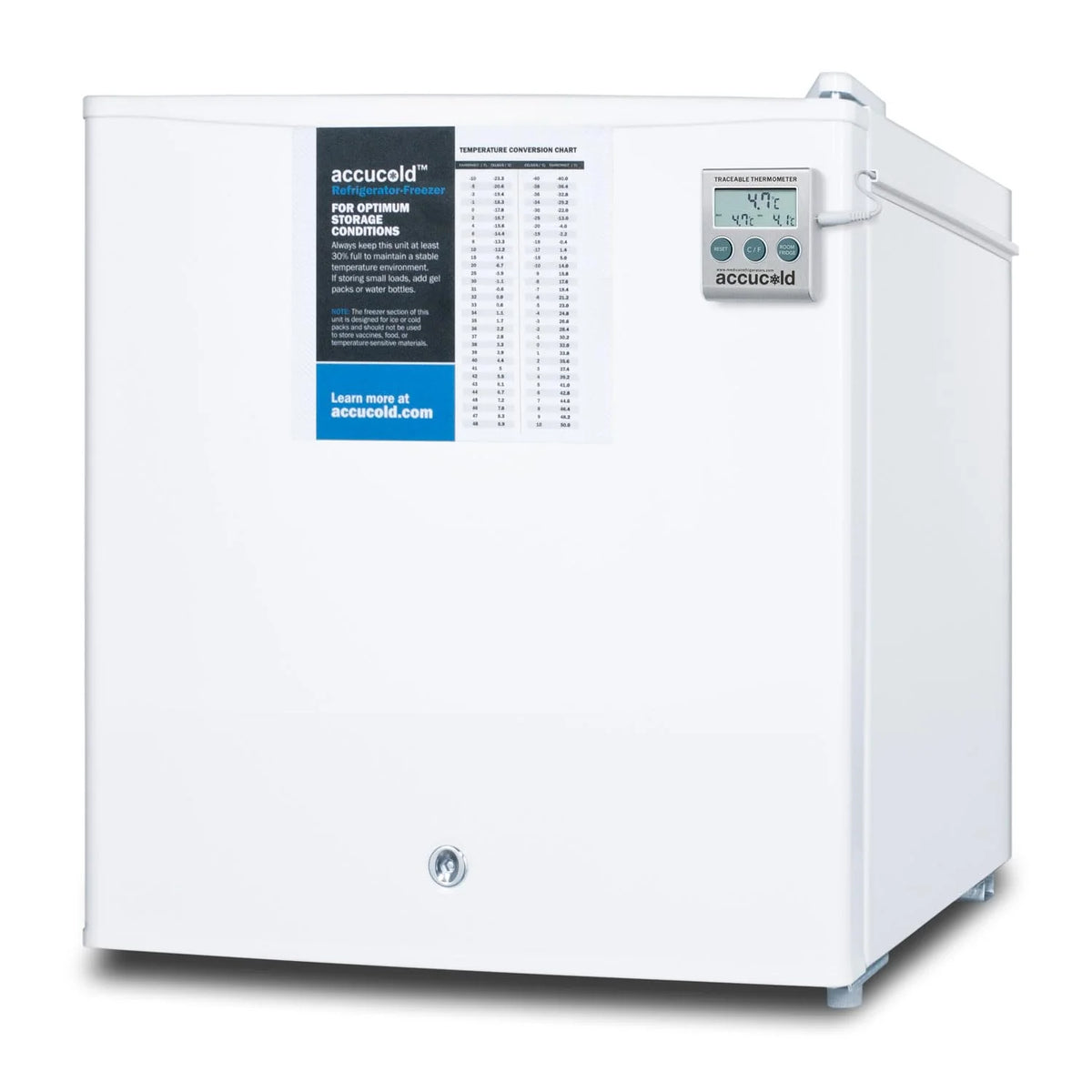 Compact refrigerator freezer. suitable for general use. with a white appearance. equipped with a NIST calibrated thermometer. manual defrosting device. hospital-grade power cord and front locking mechanism.