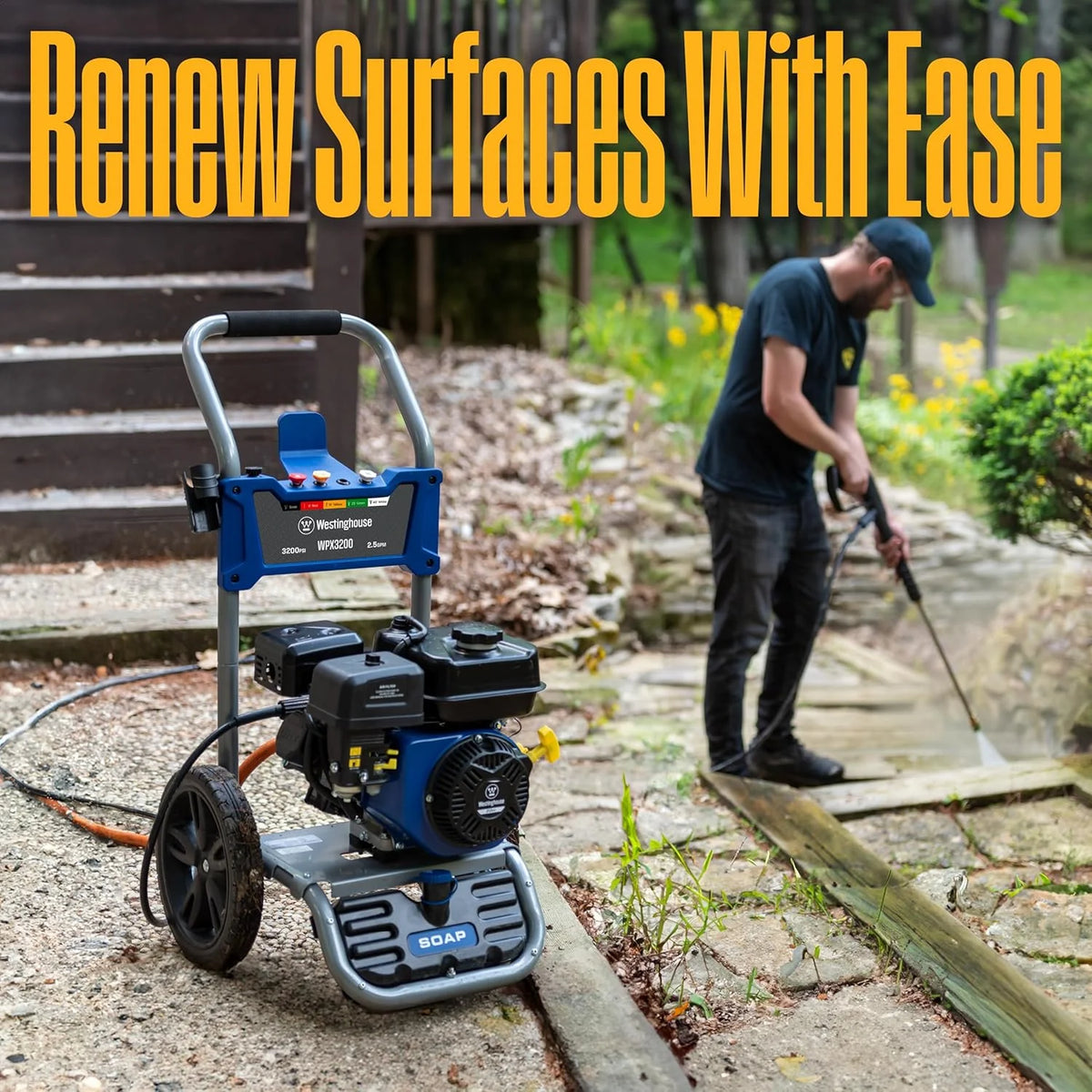 WPX3400 Gas Pressure Washer. 3400 PSI and 2.6 Max GPM. Onboard Soap Tank. Spray Gun and Wand. 5 Nozzle Set. for Cars/Fences/Driveways/Homes/Patios/Furniture