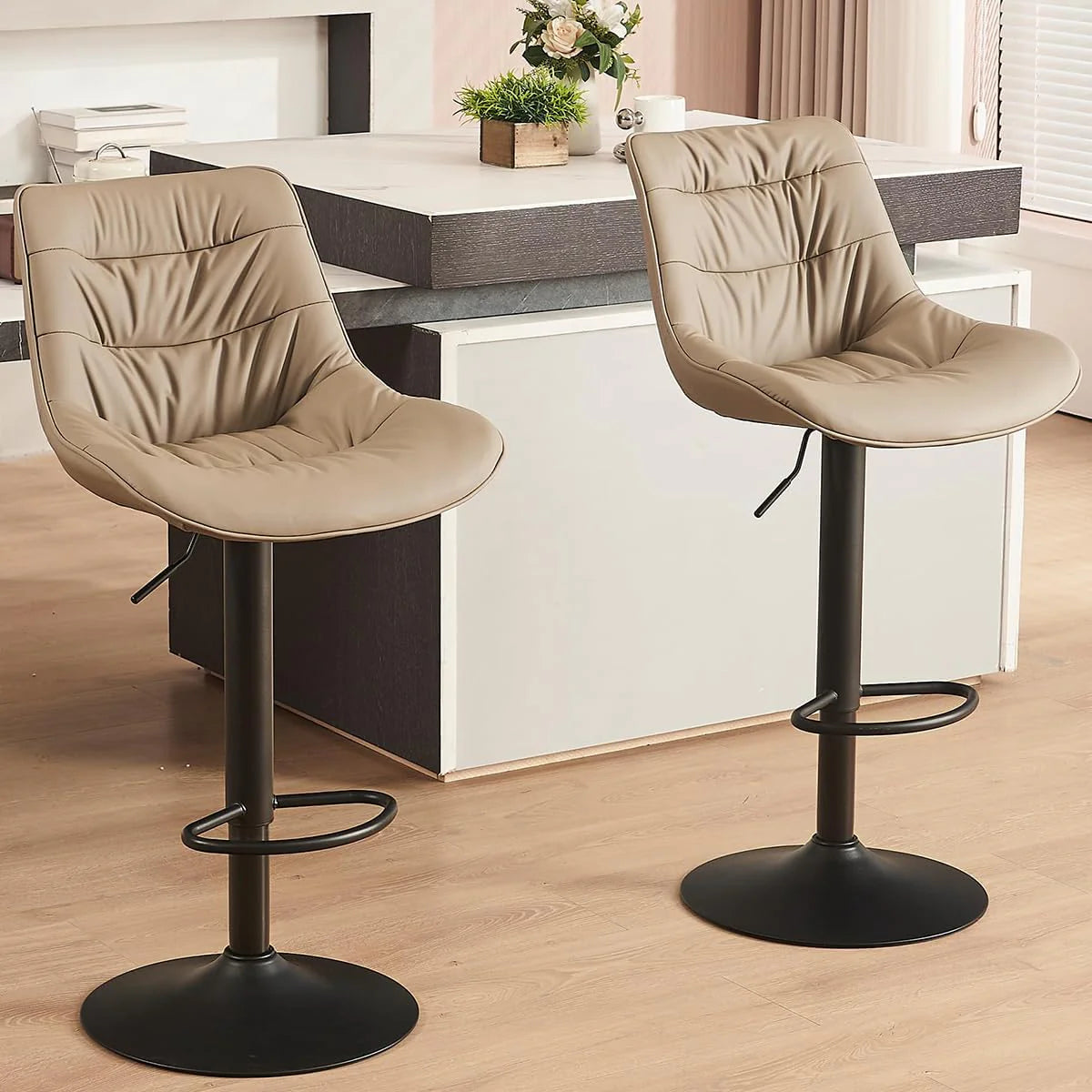 Bar stool set (2-piece) Adjustable rotating style. black color. covered with PU leather and equipped with a backrest. suitable for medium-height stools used in kitchen island or home bar.
