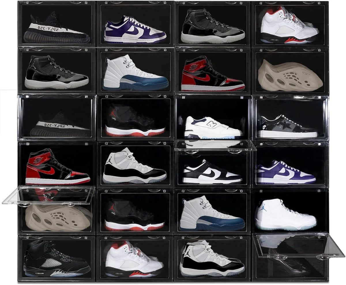 XL brand shoe storage box - Foldable and stackable shoe organizer - Black hard plastic large-capacity shoe box. suitable for shoes up to size 13 - Acrylic shoe box. suitable for Jordan. sneakers. boots (black. 24 pieces)