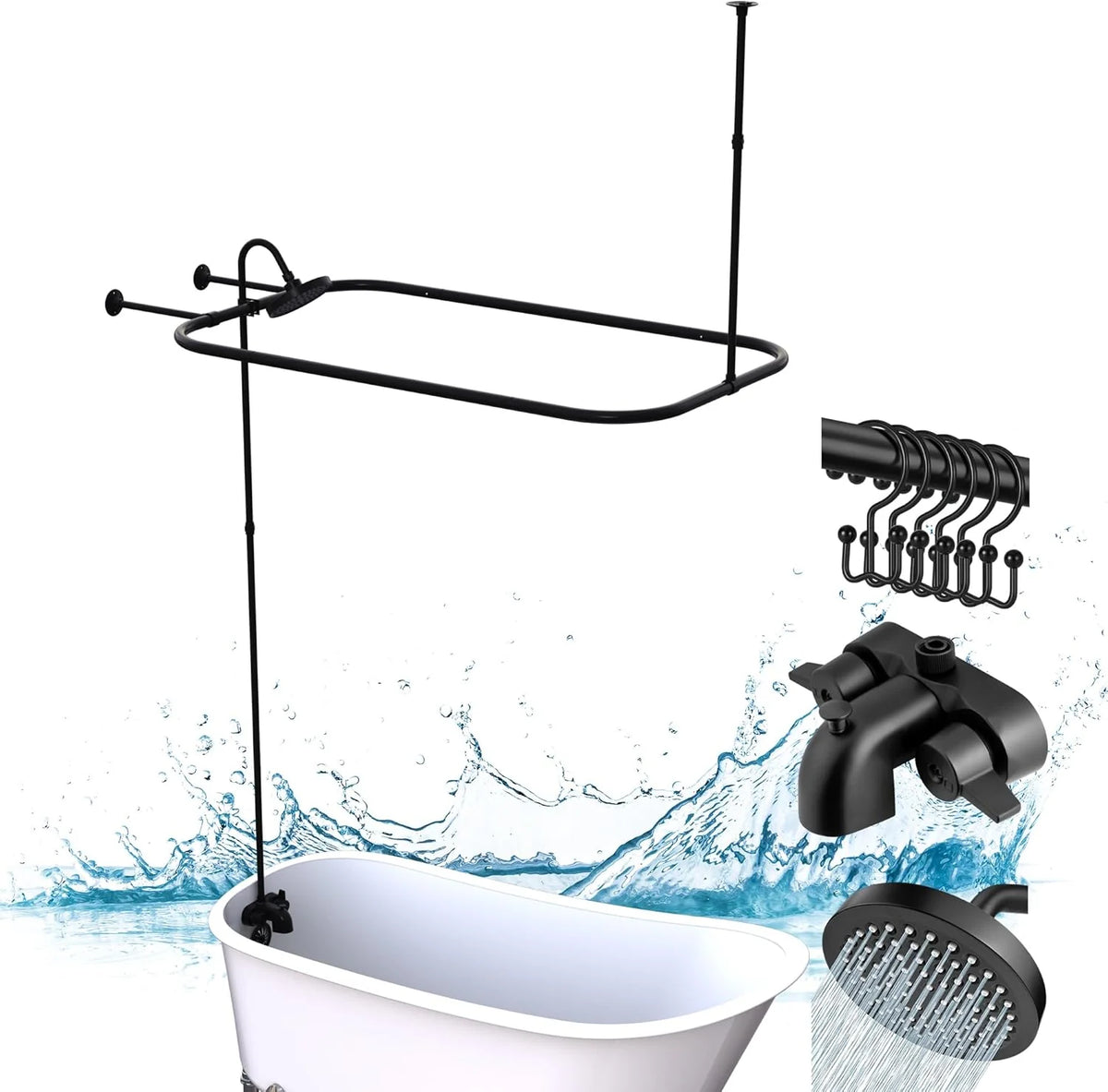 Clawfoot Tub Shower Kit. Add On Shower Units With Bathcock Diverter Faucet and 48 X 27 Rectangular Claw foot Tub Shower Curtain Rod Kit.Claw foot Tub Shower Faucet Set.Brushed Nickel