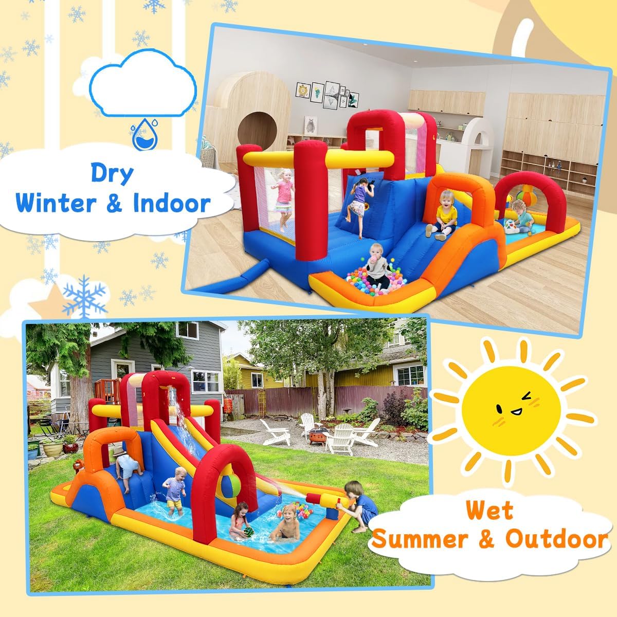 Inflatable Water Slide. 10 in 1 Water Park Bounce House with Blower. Splash Pool. 2 Slides. Water Cannon. Climbing Wall. Blow up Water Slides for Kids Outdoor Backyard