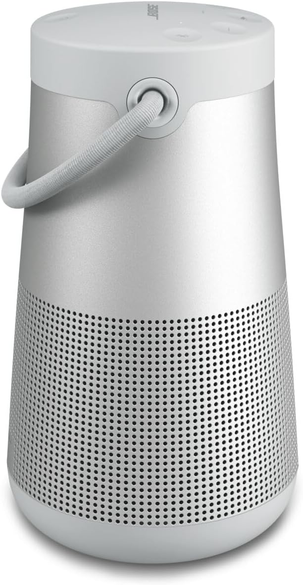 Bluetooth speaker. portable speaker with microphone. wireless and waterproof. 360-degree omnidirectional sound output. long-lasting battery and handle. silver appearance