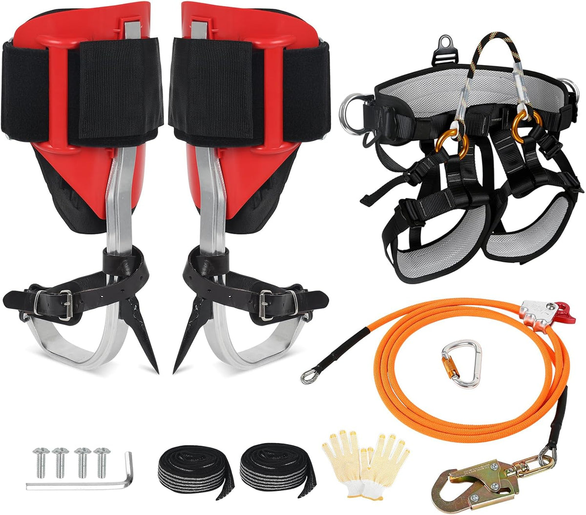 Tree Climbing Spikes Set for Tree Work. Adjustable Tree Climbing Gear with Safety Seat for Tree Climbing and 10FT Steel Wire Core Flip Line Kit for Outdoor Jungle Survival Fruit Picking