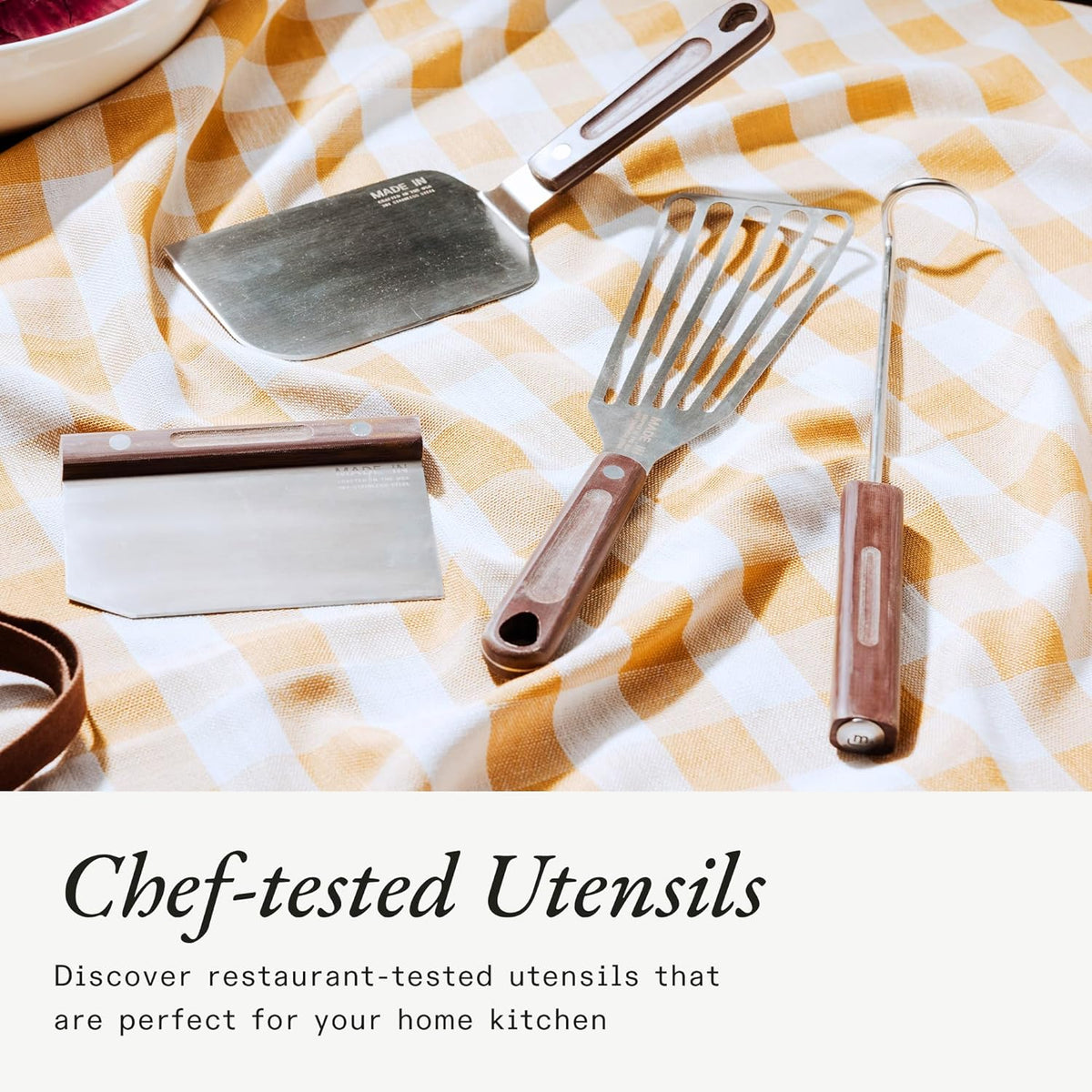 4-piece frying pan set - includes frying pan spatula. workbench scraper. fish spatula and pigtail flipper - brown linen micro-carbon fiber handle