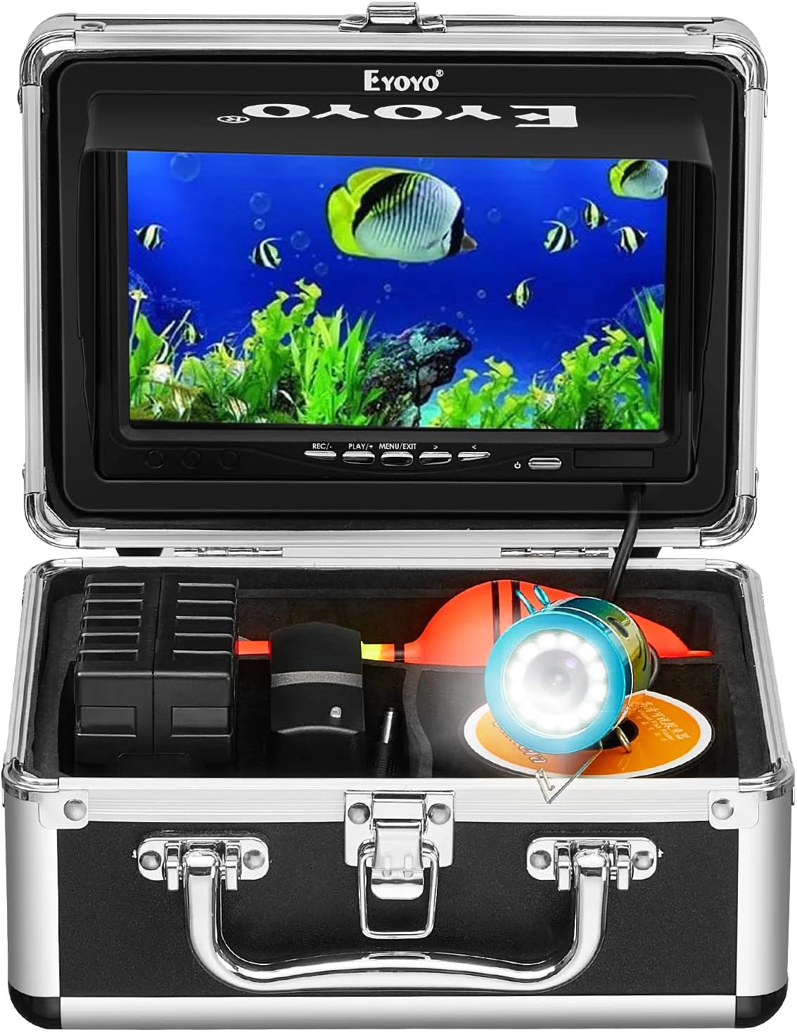 Underwater fishing photography and videography camera. underwater fish detector. fishing photography and videography camera on land/water/river/ice surface. 1000TVL resolution. 7-inch display screen. built-in 12 white lights. 15-meter long cable