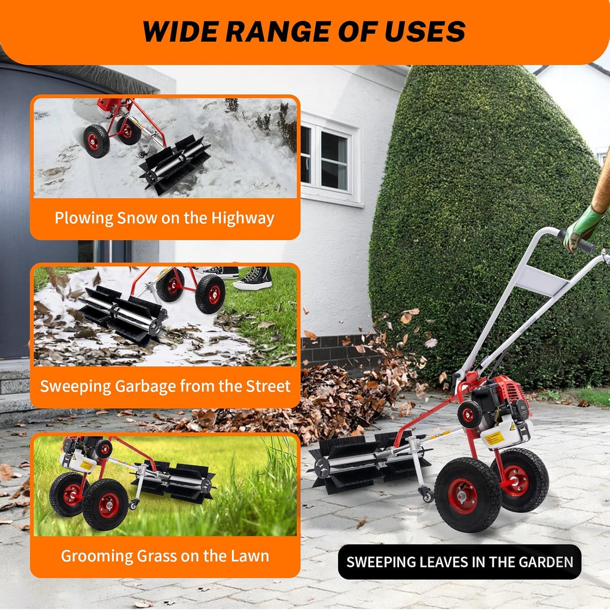 43cc 1.7HP Gas Powered Broom. 2 Stroke Power Sweeper Handheld Gasoline Power Broom Sweeping Machine for Garden Lawn Yard Sidewalk Driveway Turf Grass Cleaning. 600mm Nylon Brush Sweeping broom
