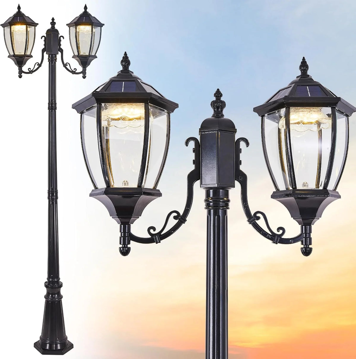 2-Heads Outdoor Solar Lamp Post Lights with Dusk to Dawn Sensor. Classic Exterior Solar Pole Lights with Waterproof. Black Street Lights with Clear Glass for Garden. Patio. Pathway. Driveway