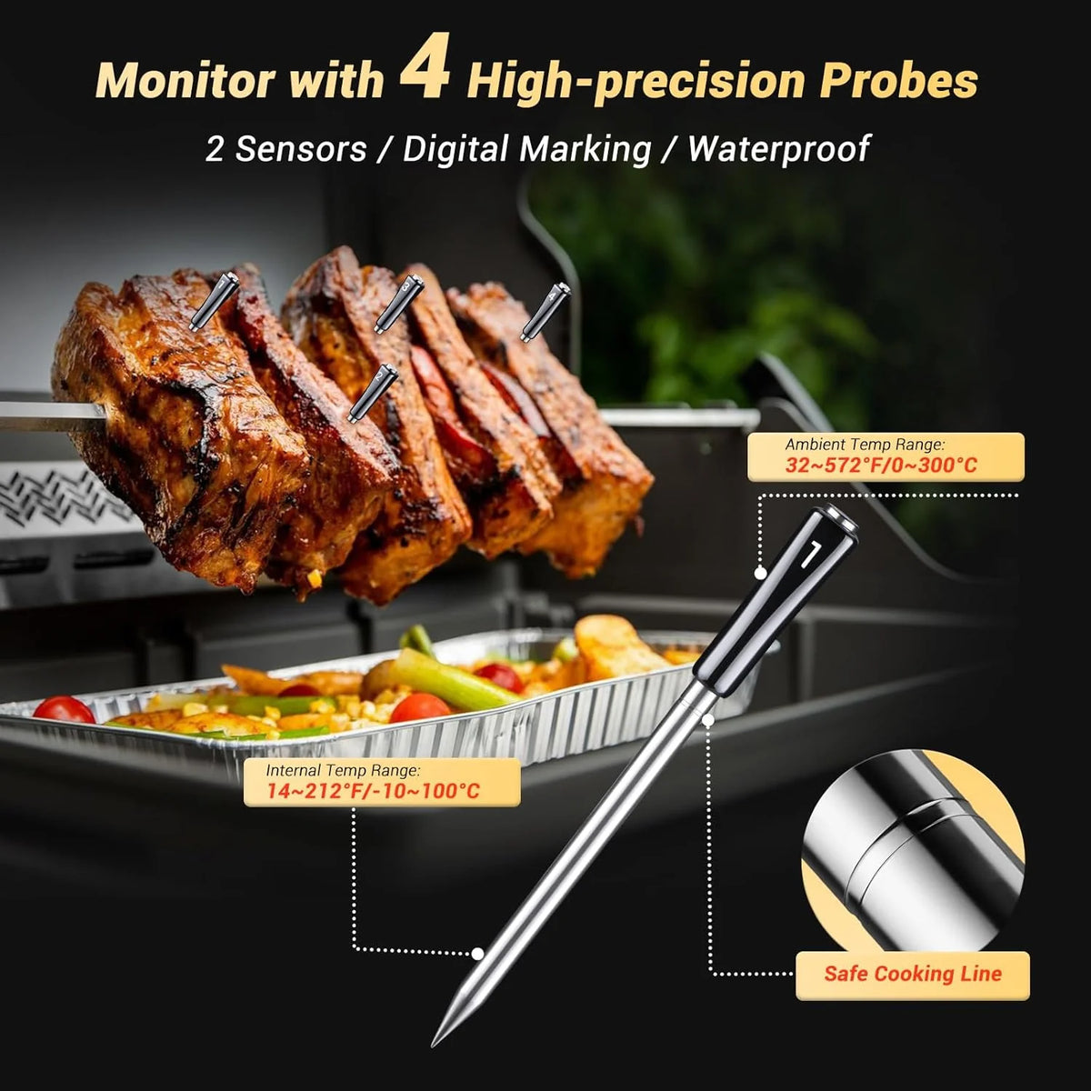 True wireless meat thermometer. equipped with 4 probes. Bluetooth meat thermometer. with backlit LCD display. Wi-Fi-enabled smart food thermometer. rechargeable. suitable for barbecue grills. charcoal grills. ovens. and rotating barbecue racks.