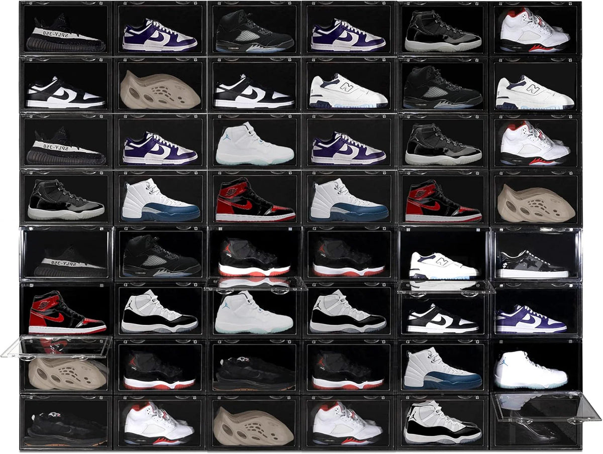 XL brand shoe storage box - Foldable and stackable shoe organizer - Black hard plastic large-capacity shoe box. suitable for shoes up to size 13 - Acrylic shoe box. suitable for Jordan. sneakers. boots (black. 24 pieces)