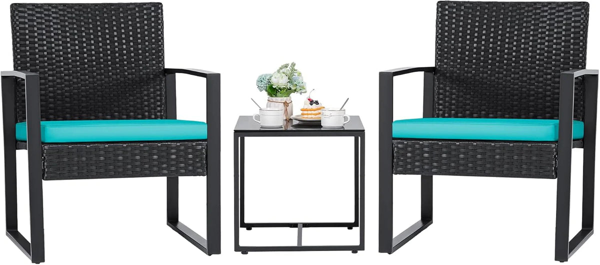 3 Pieces Patio Set Outdoor Wicker Furniture Sets Modern Rattan Chair Conversation Sets with Coffee Table for Yard and Bistro (Black)