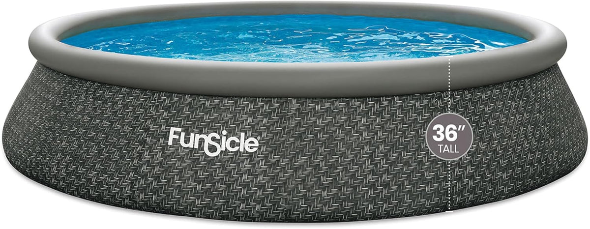 12 Foot by 36 Inch Quickset Round Inflatable Ring Top Outdoor Above Ground Swimming Pool Set with Pump and Cartridge Filter. Dark Herringbone