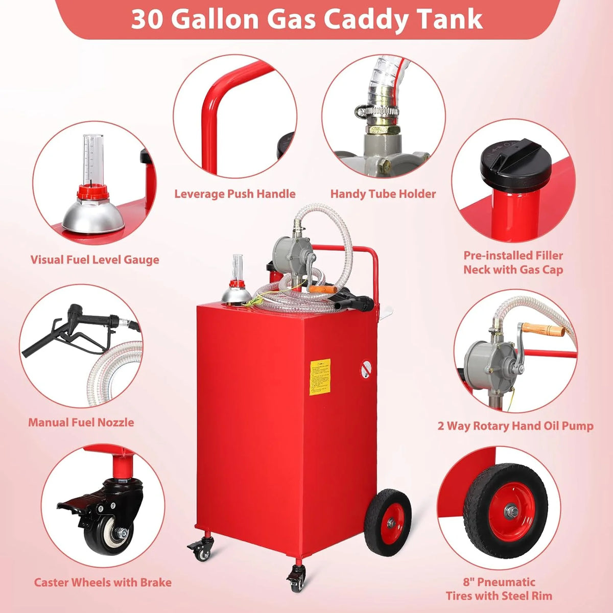 30 Gallon Fuel Caddy. Fuel Tank with Manual Transfer Pump for Gasoline & Diesel. Durable 4-Wheel Design. Mobile Fuel Storage for Cars. Trucks. Boats. Lawn Mowers. Red