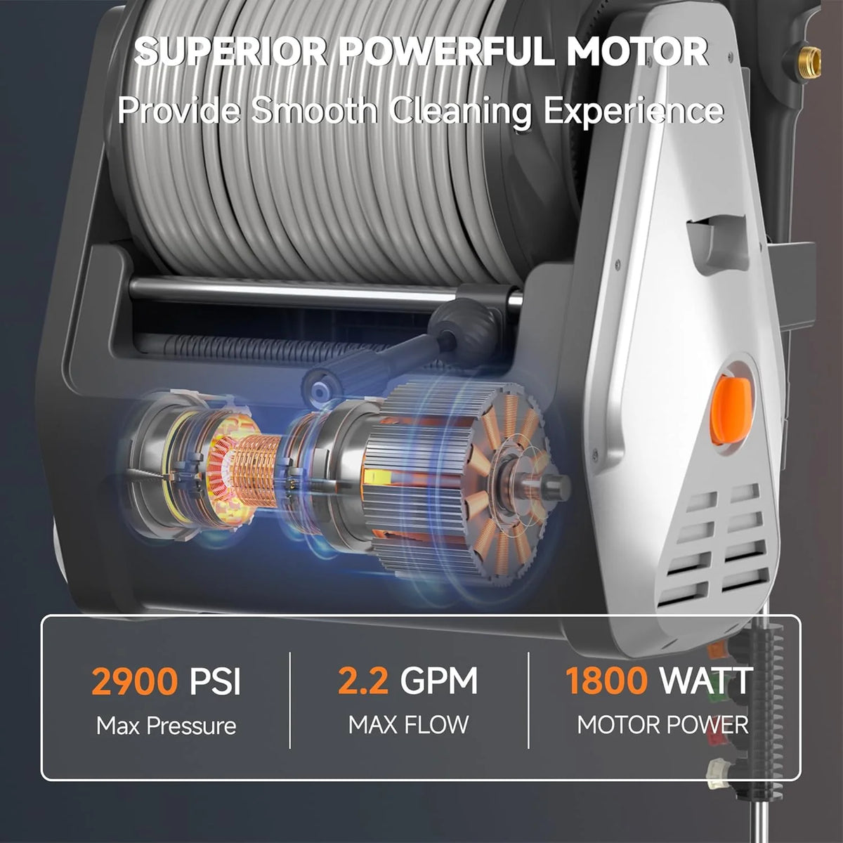 The wall-mounted high-pressure cleaning machine Plus is equipped with an upgraded 1800-watt motor. with a maximum pressure of 2900 pounds per square inch and an electric high-pressure cleaning machine that discharges 2.2 gallons per minute. It is equ